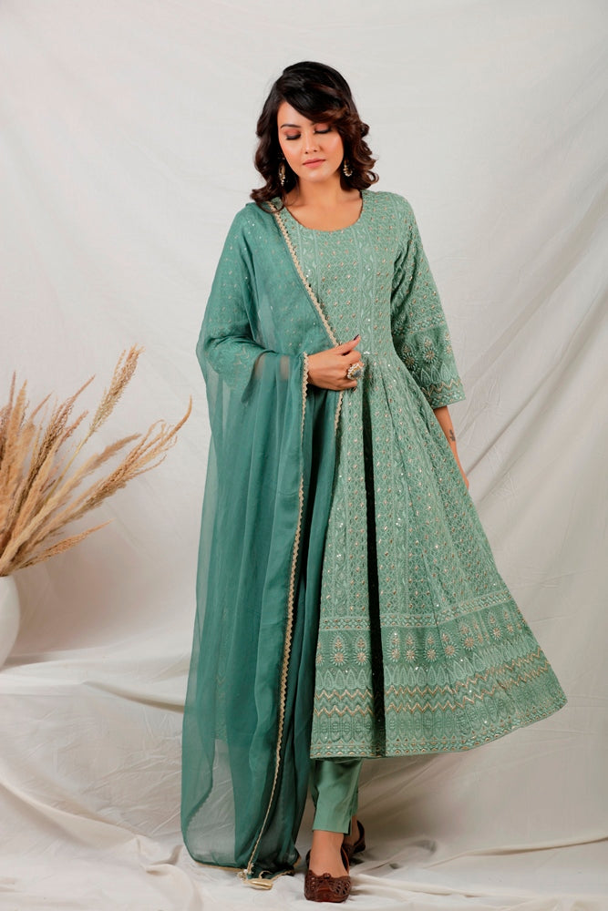 Green Chikankari Kurta Set