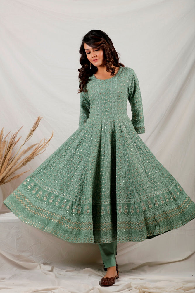 Green Chikankari Kurta Set