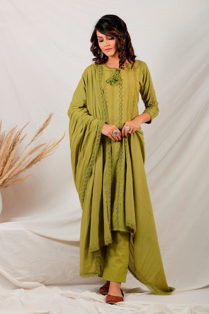 Green Schiffli Kurta Set