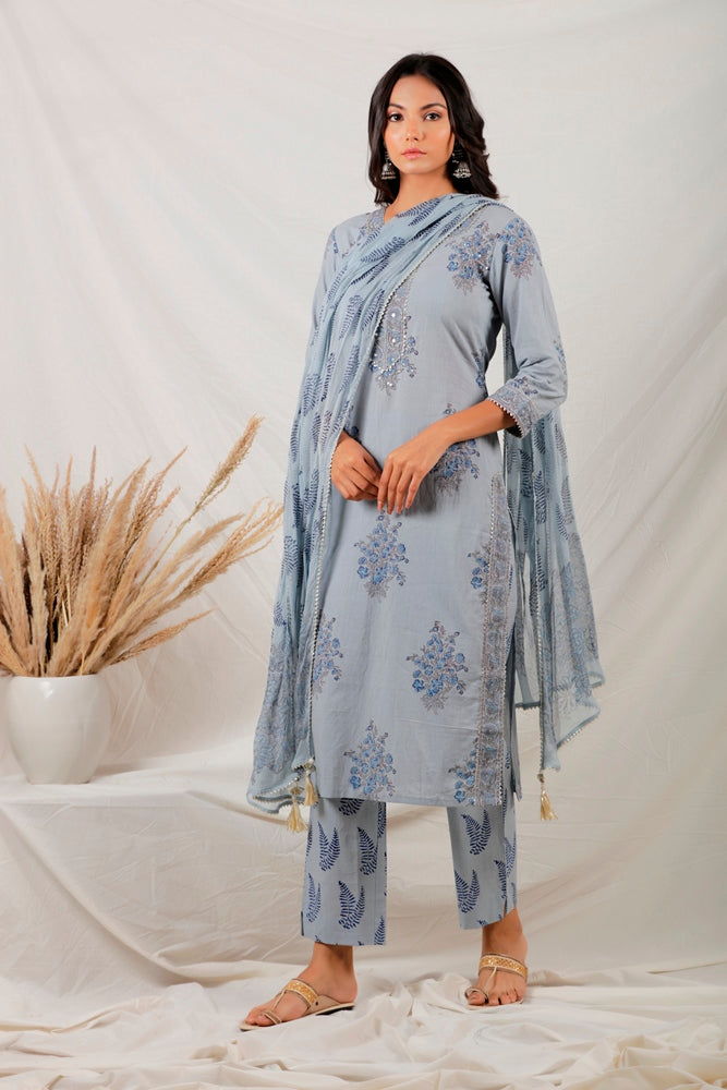 Grey Block Printed Kurta Set