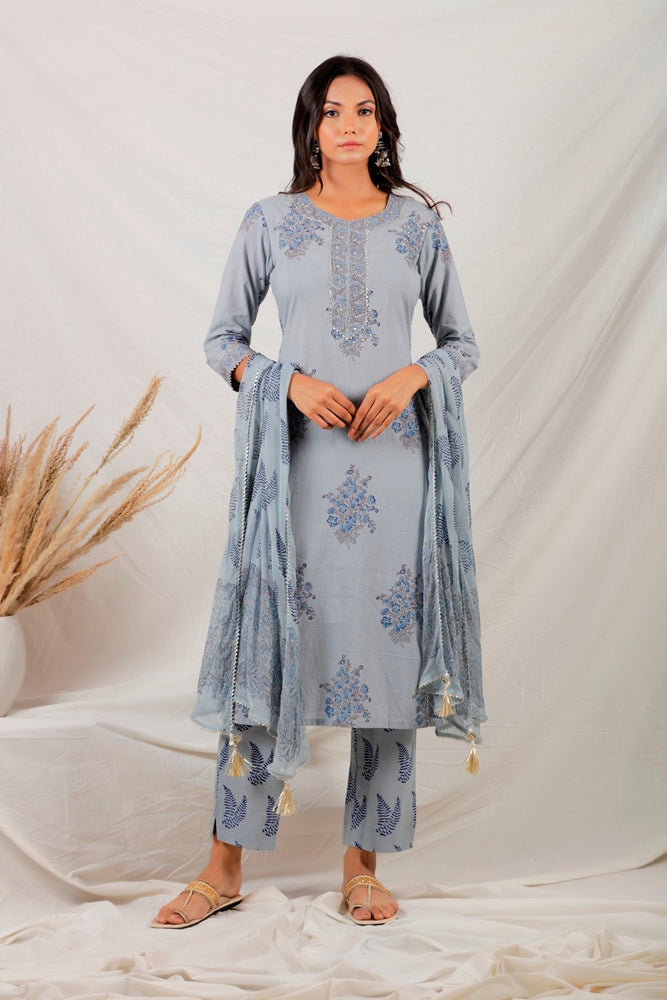 Grey Block Printed Kurta Set