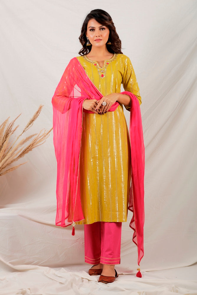 Green & Pink straight kurta set