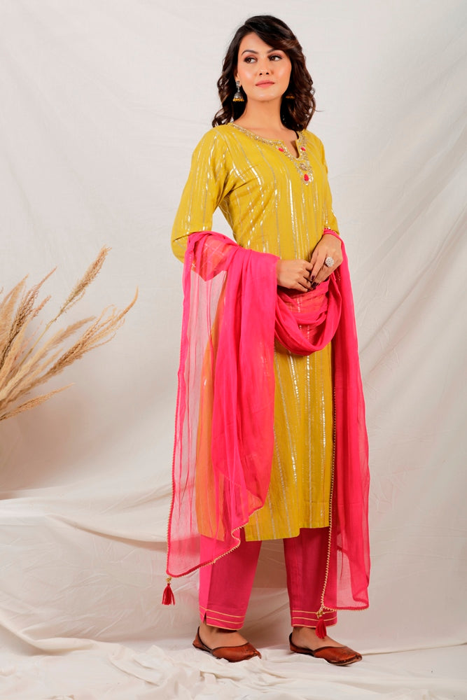 Green & Pink straight kurta set