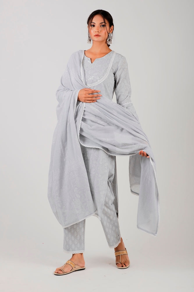 Grey Straight Khari Hand Blocked Printed Kurta Set