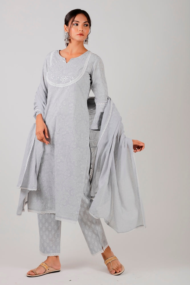 Grey Straight Khari Hand Blocked Printed Kurta Set