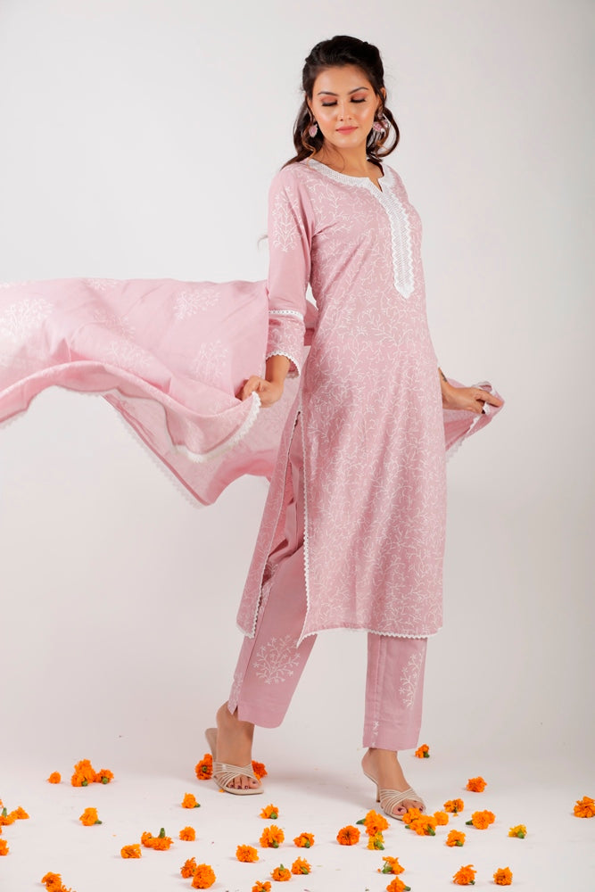 Flamingo Pink Straight Khari Hand Blocked Printed Kurta Set