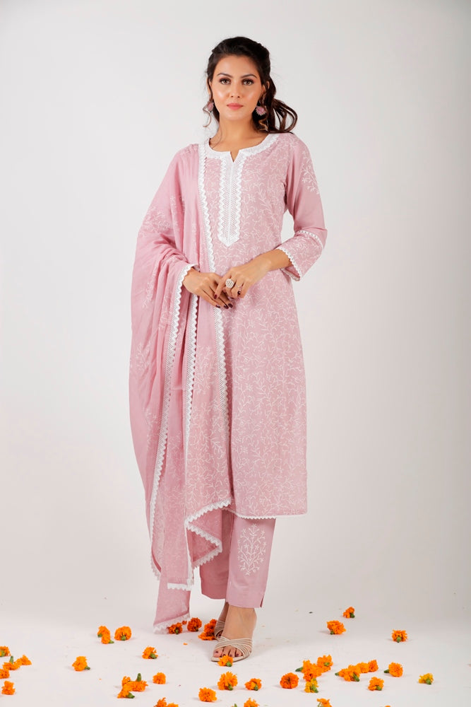 Flamingo Pink Straight Khari Hand Blocked Printed Kurta Set