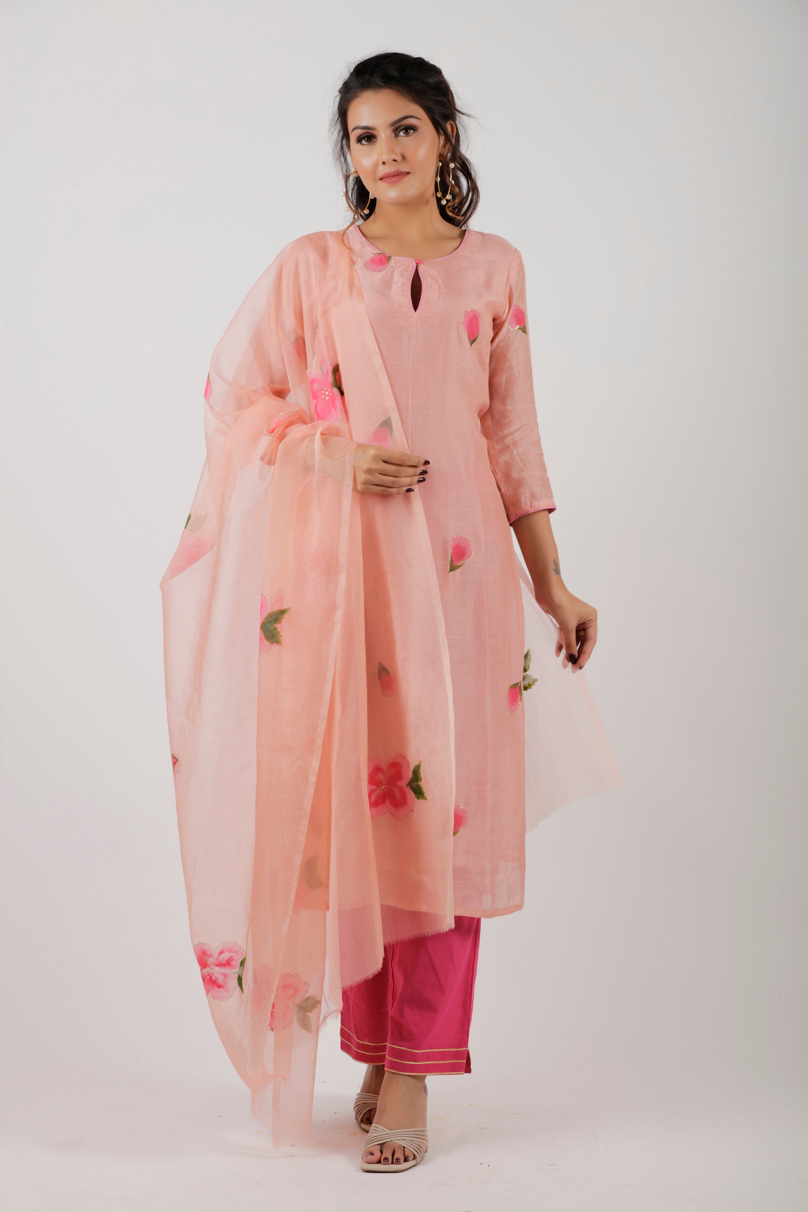 Pink Straight Hand Painted Kurta Set