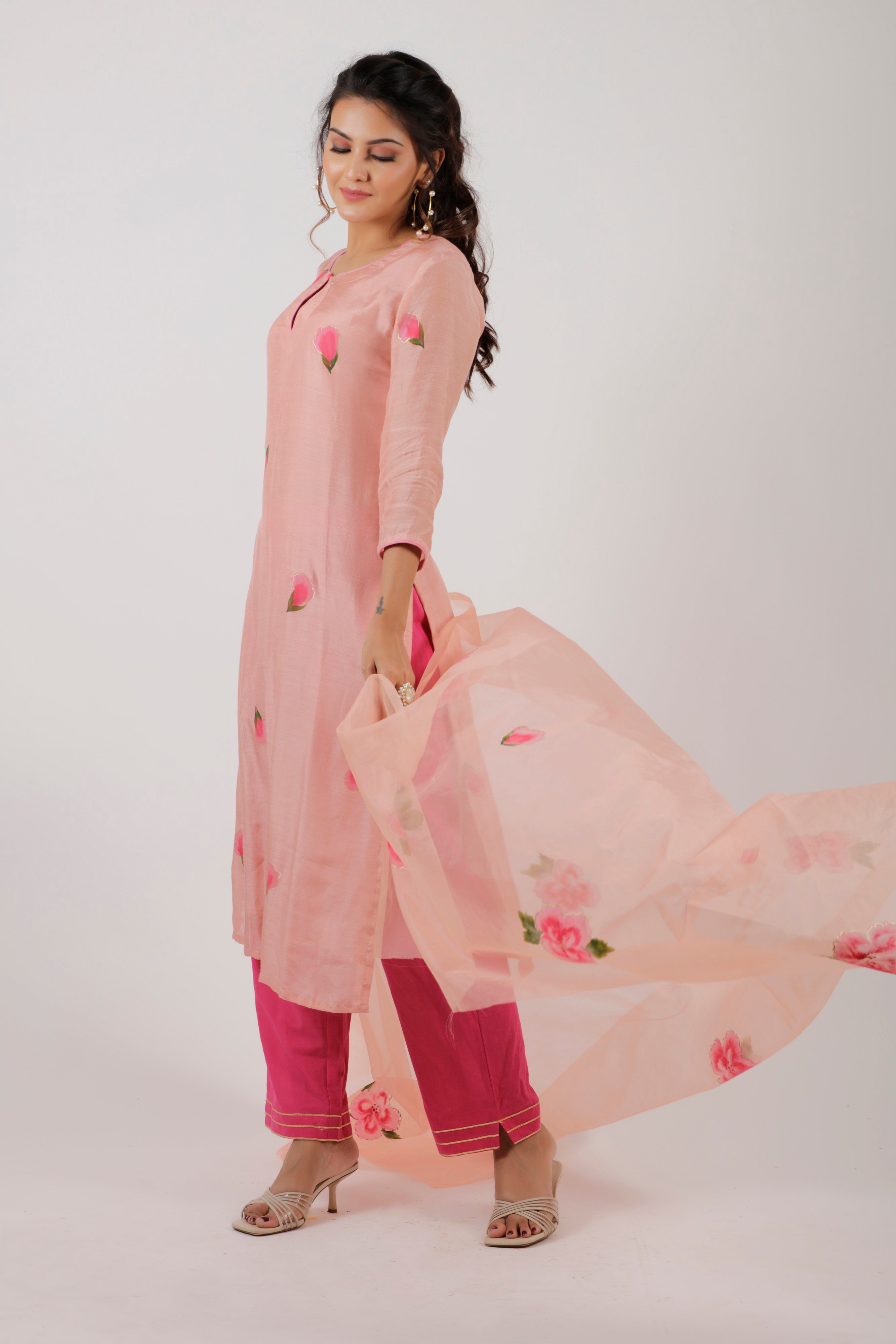 Pink Straight Hand Painted Kurta Set