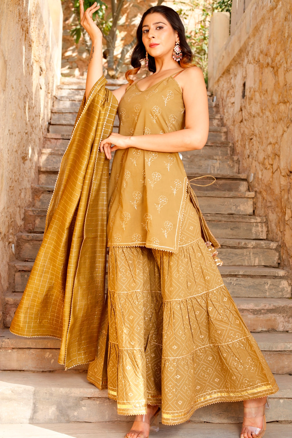 Mehendi Sleeveless Sharara Suit