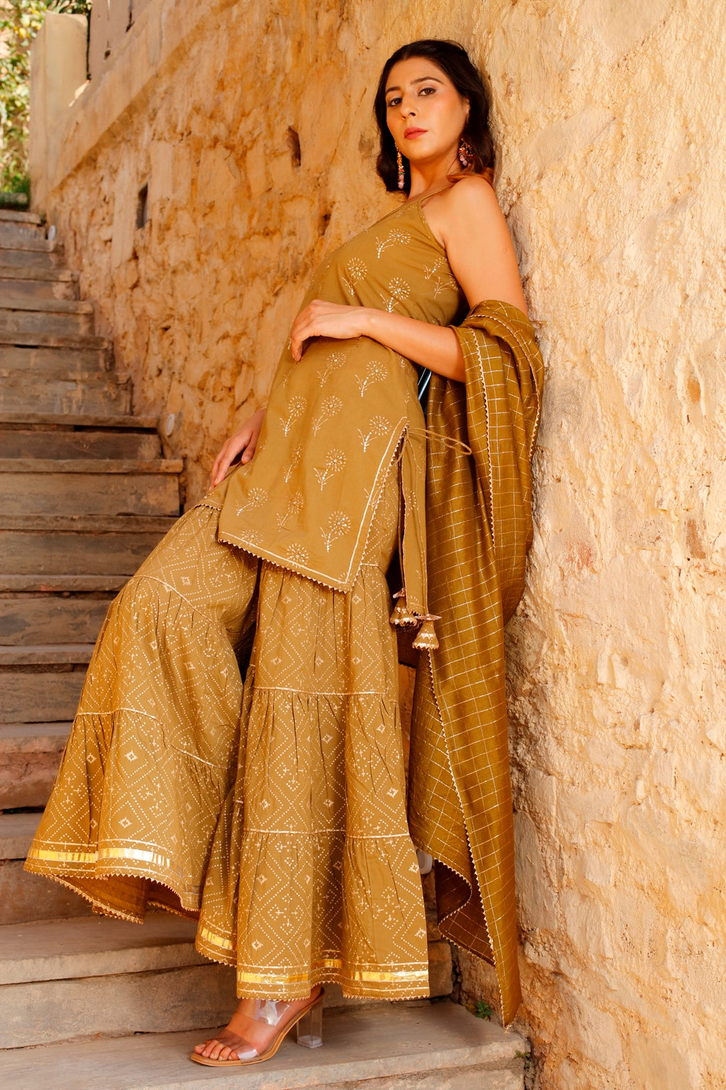 Mehendi Sleeveless Sharara Suit