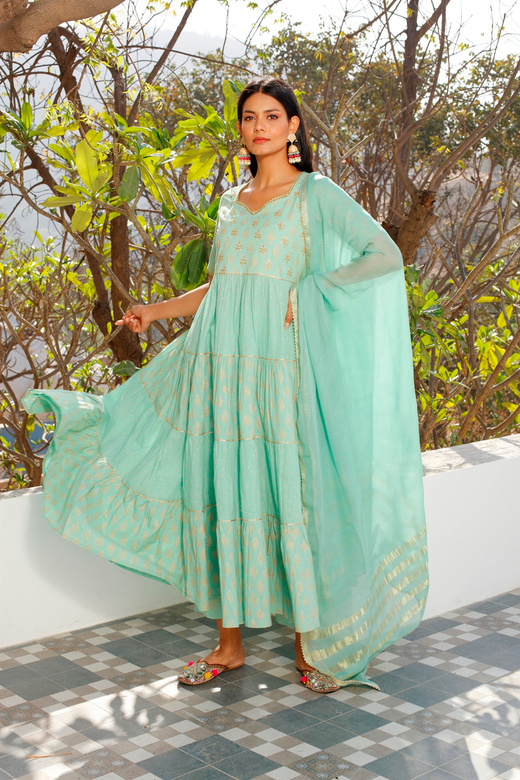 Sea Green Gold Printed Anarkali Kurta Set