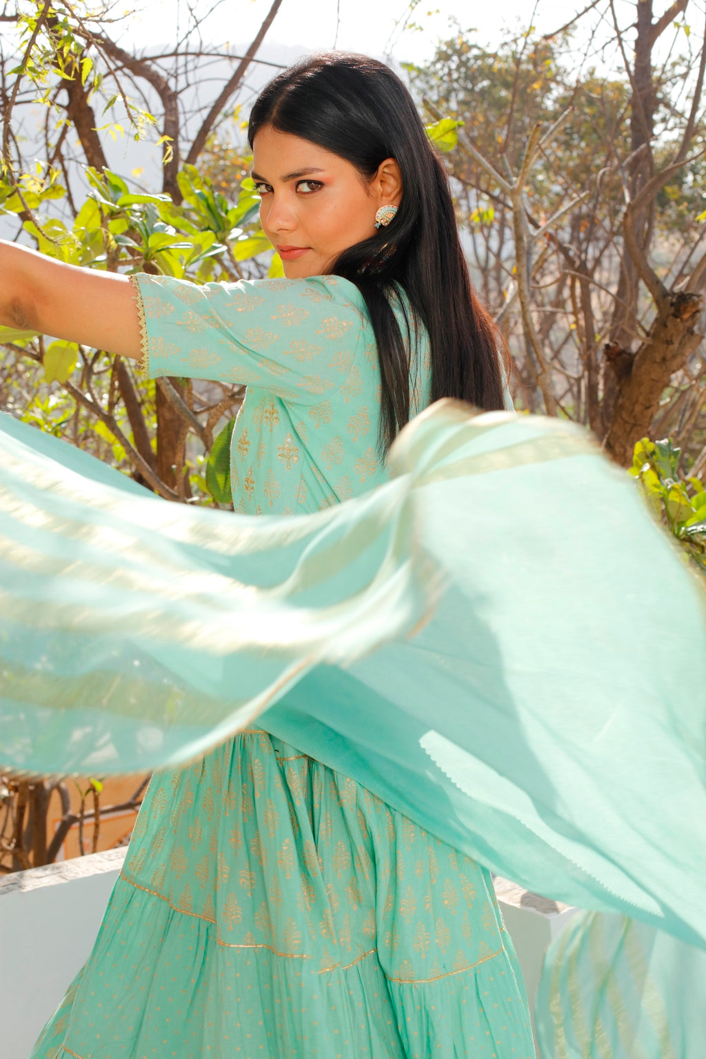 Sea Green Gold Printed Anarkali Kurta Set