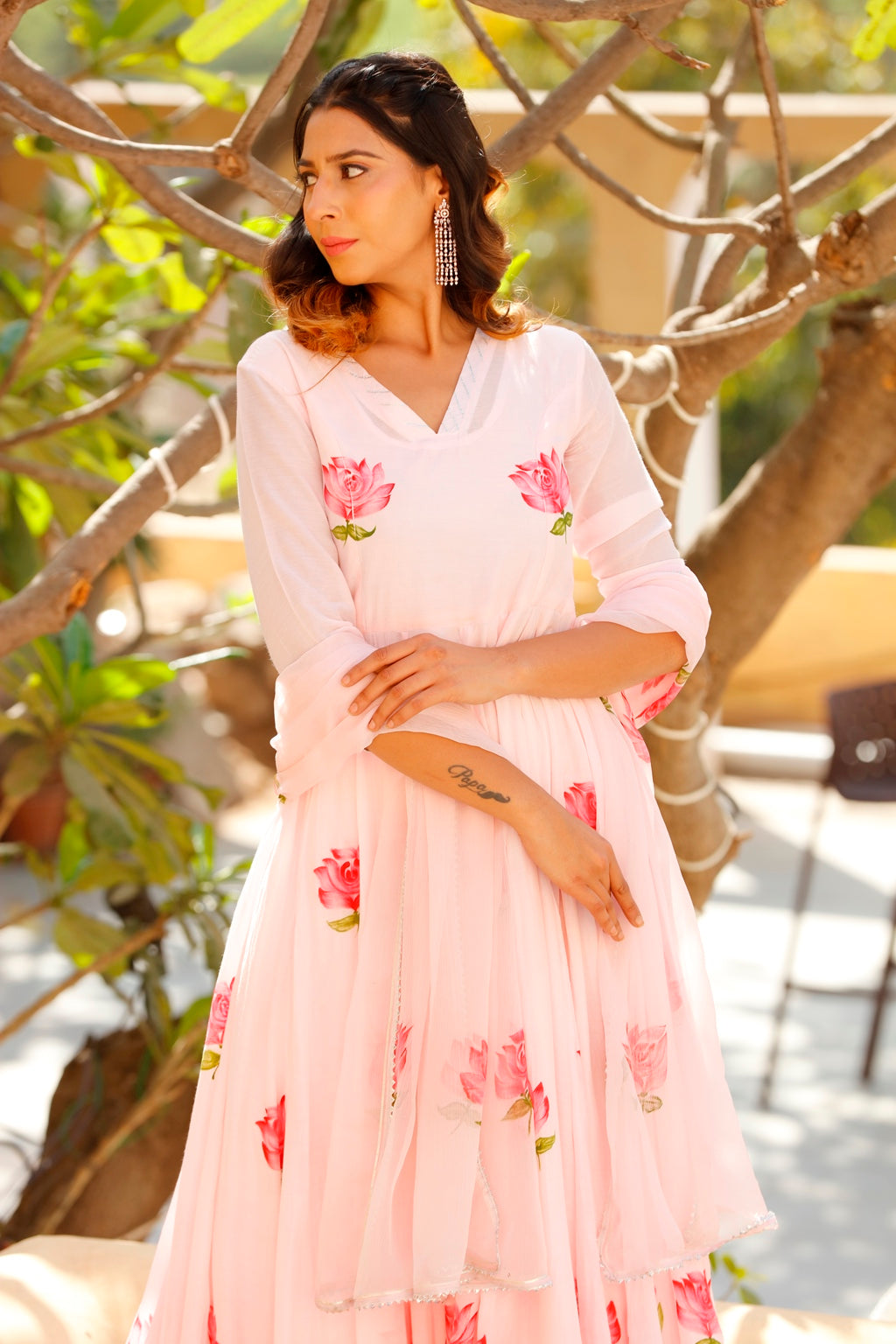 Flamingo Pink Handpainted Anarkali Kurta Set