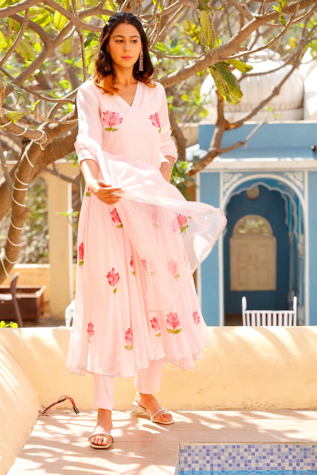 Flamingo Pink Handpainted Anarkali Kurta Set