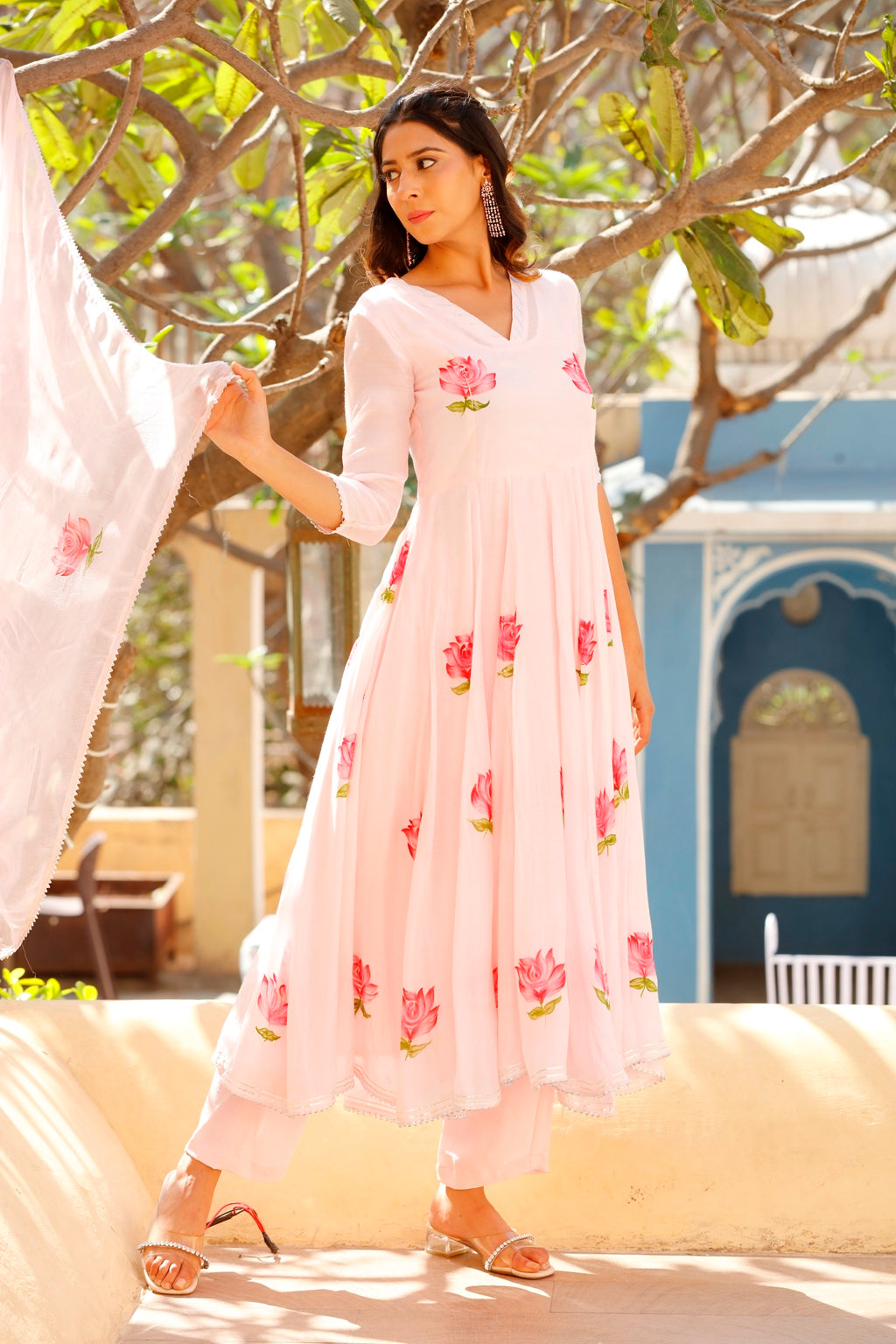 Flamingo Pink Handpainted Anarkali Kurta Set