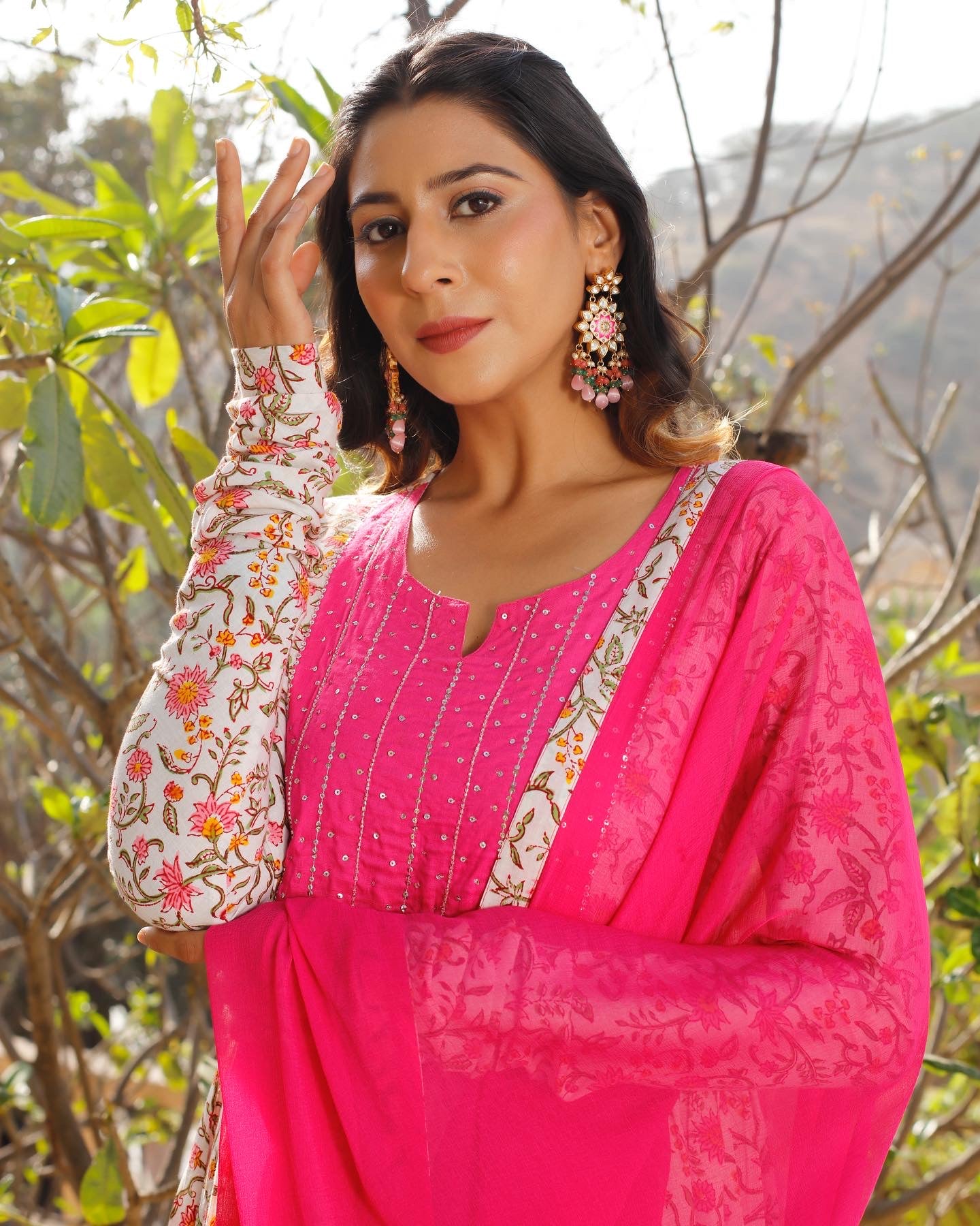 Pink Block Printed Anarkali Kurta Set with Churidaar Sleeves