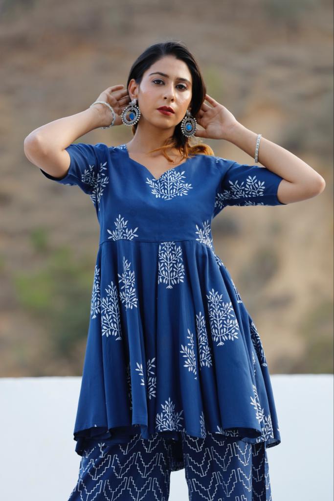 B'dazzled Blue Silver Block Printed Flare Kurta Set