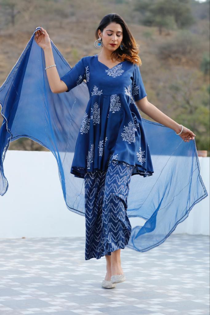 B'dazzled Blue Silver Block Printed Flare Kurta Set